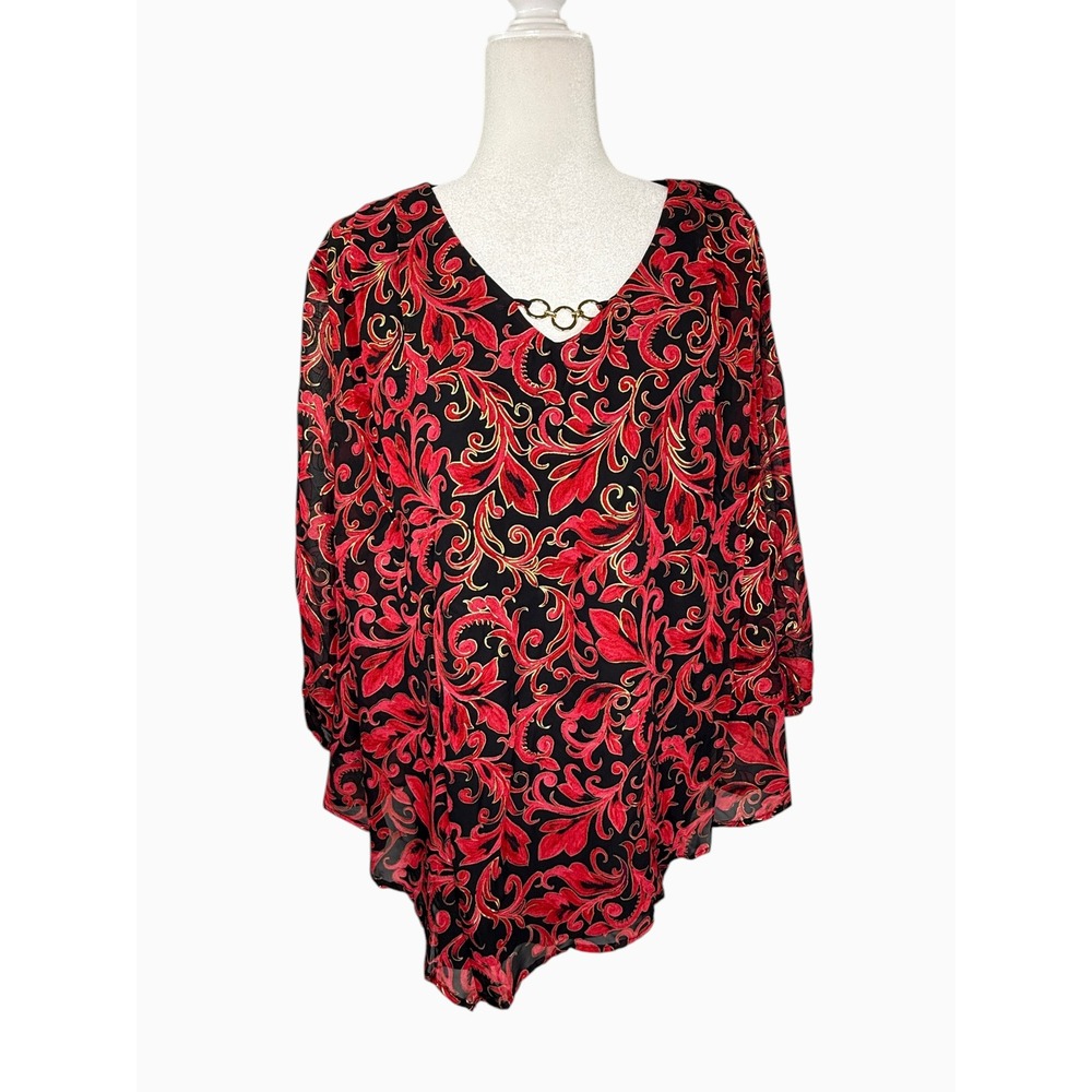 I.N. Studio Woman 2X Black Red Gold Scroll Sheer Handkerchief Hem Blouse